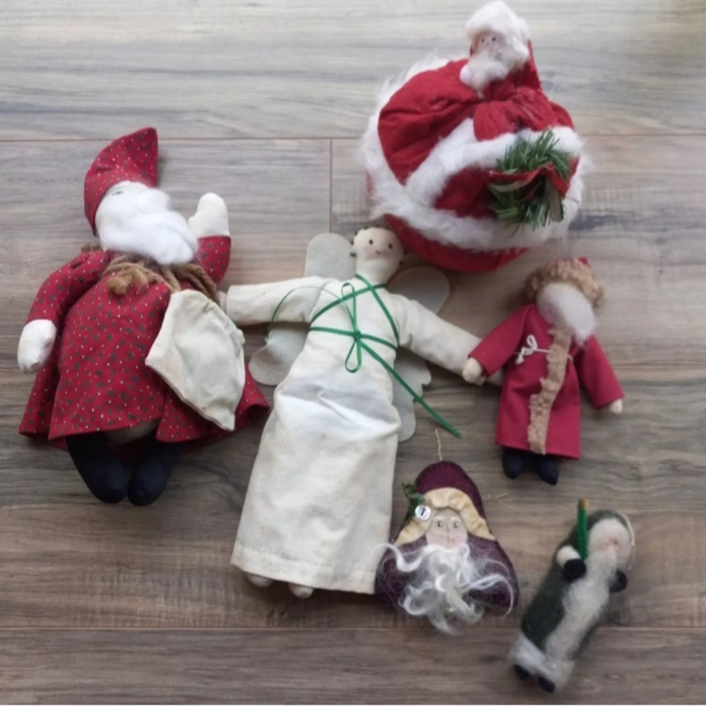 Vtg Handmade Cloth Doll Santa Claus & Angel Holiday Decor Lot